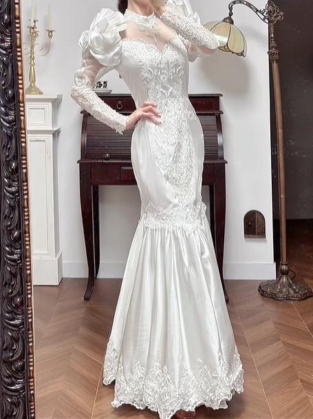 Ivory Vintage Lace Satin Mermaid Wedding Dress, Puff Shoulder Long Sleeve Bridal Gown gh8745