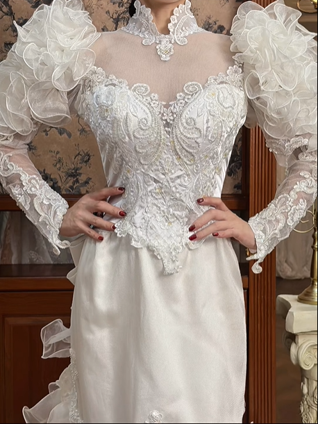 White Vintage Mermaid Wedding Gown, Mock Neck Illusion Tulle Sweetheart Neck, 3D Ruffle Puff Shoulders, Sheer Lace Long Sleeves, Embroidered Lace Appliqués Fitted Bodice, Multi‑Layer Ruffle Mermaid Long Train, Prom Dress gh8661