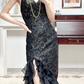 Black‑Gold Vintage Halter V‑Neck Prom Gown, Gold‑Thread Embroidered Lace Bodice, Fitted Bodycon Silhouette, One‑Side High Slit, Tiered Ruffled Asymmetrical Mermaid Skirt, Evening Prom Dress gh8810