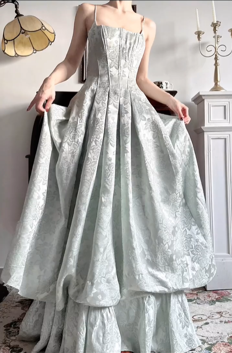 Light‑Mint‑Green Jacquard Spaghetti‑Strap Boned‑Corset Double‑Layer‑Ballgown Floor‑Length Vintage Evening Prom Gown gh8799