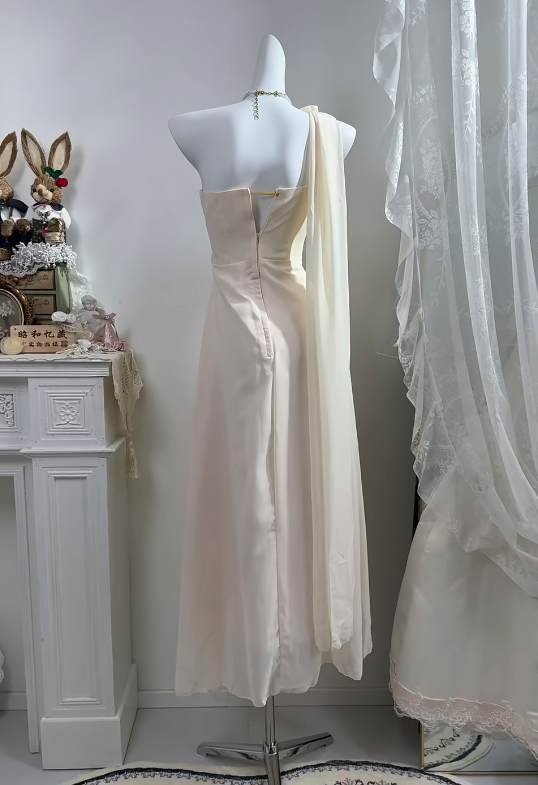Cream White Long Greek Style Evening Gown, One Shoulder Draped Chiffon Dress With 3D Floral Appliques, Floor Length Formal Party Gown gh9270