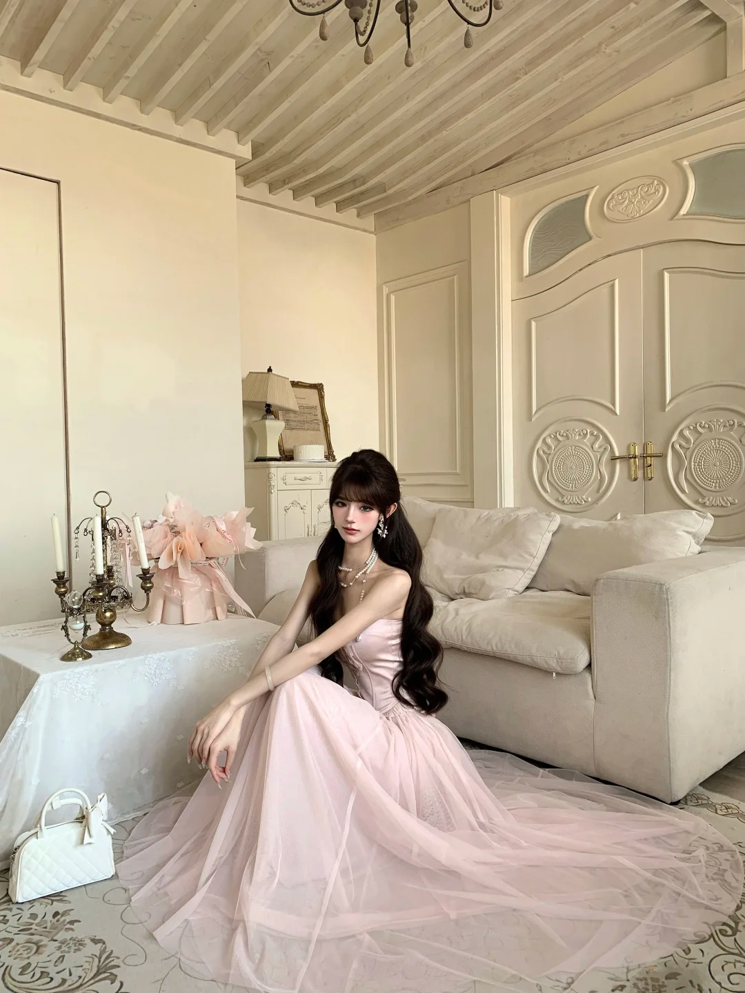 Women Romantic Light Pink Strapless Prom Dress Ruffle Bust Boned Corset Flowy Tulle Long Evening Gown gh9433