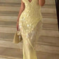 Yellow V-neck sequined mermaid slim long tulle ball gown evening dress party dress gh3020