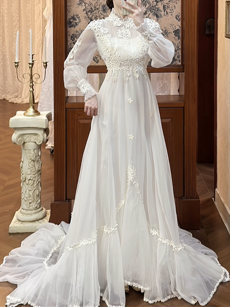 Ivory Vintage Empire Waist Wedding Prom Dress, Lace High Neck, Sheer Puff Long Sleeves, Pearl Lace Appliqués, A‑Line Long Train gh8695