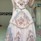 Light Pink Vintage Oil‑Painting Print Spaghetti Strap Long Gown, Lace Trim Tiered Cake Skirt Floral Formal Prom Dress gh8987