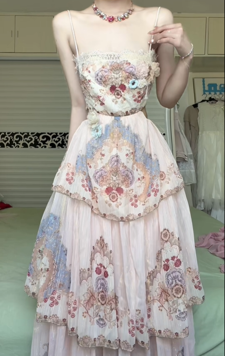 Light Pink Vintage Oil‑Painting Print Spaghetti Strap Long Gown, Lace Trim Tiered Cake Skirt Floral Formal Prom Dress gh8987