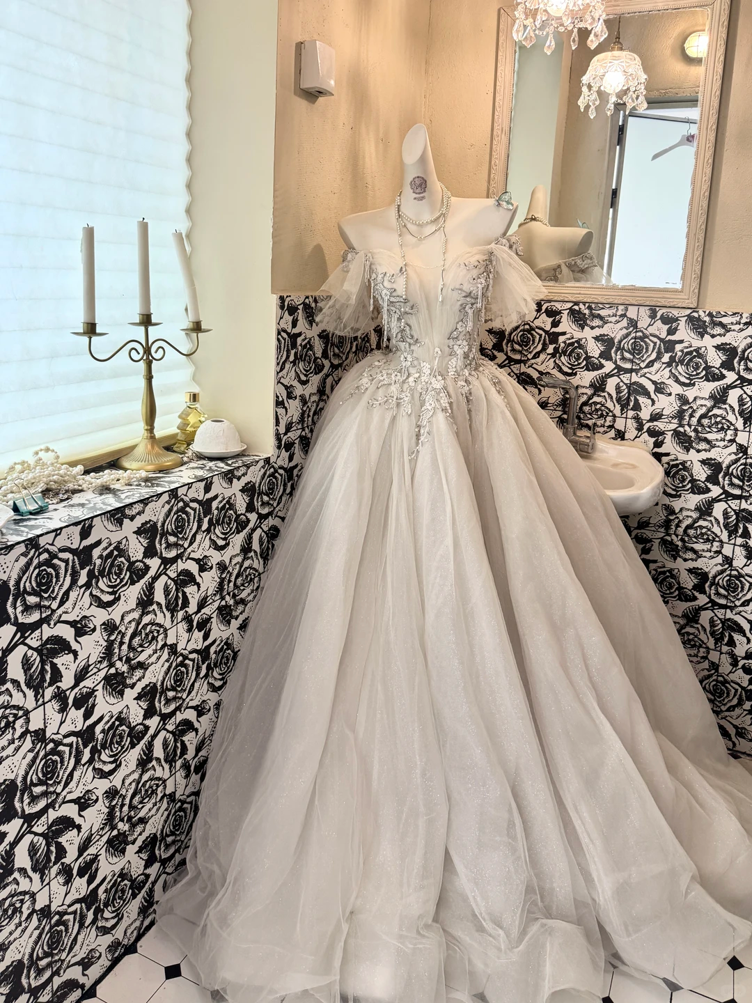 Ivory Off-Shoulder Waist-Cinched Embroidered Vintage Elegant Full Flared Romantic Dress, Wedding Gown gh7511