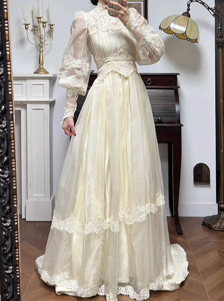 Cream Vintage Chiffon Wedding Gown, Lace High Neck, Lace‑Sheer Puff Long Sleeves, Lace Appliqué Empire Waist, Draped Pleated Flowy Full‑Length Skirt, Tiered Lace Hem, Long Lace Train, Bridal Prom Dress gh8735
