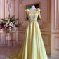 Yellow gorgeous exquisite wide straps floral long floor length train satin formal custom ball gown evening dress gh3149