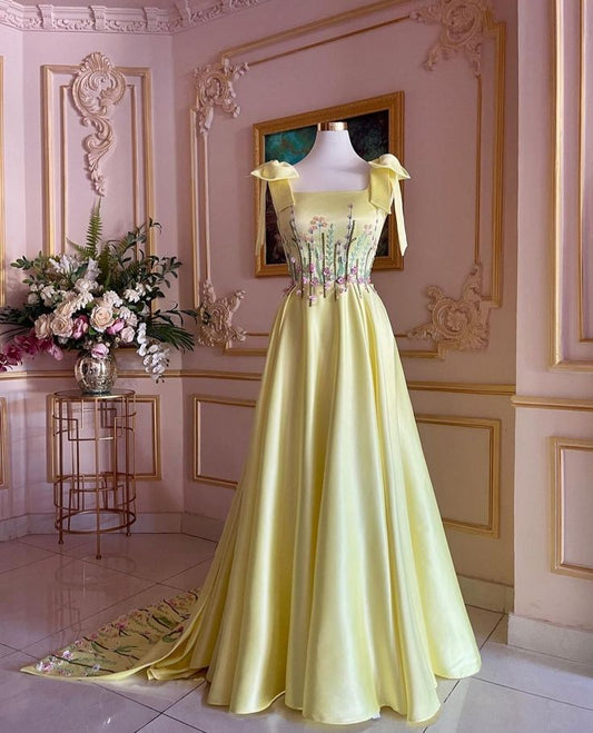 Yellow gorgeous exquisite wide straps floral long floor length train satin formal custom ball gown evening dress gh3149