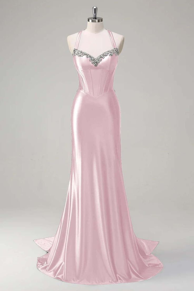 Light Pink Halter Neck Waist-Cinched Fished Satin Long Evening Dress, Fairy Gown, Romantic Gown gh7457