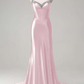 Light Pink Halter Neck Waist-Cinched Fished Satin Long Evening Dress, Fairy Gown, Romantic Gown gh7457