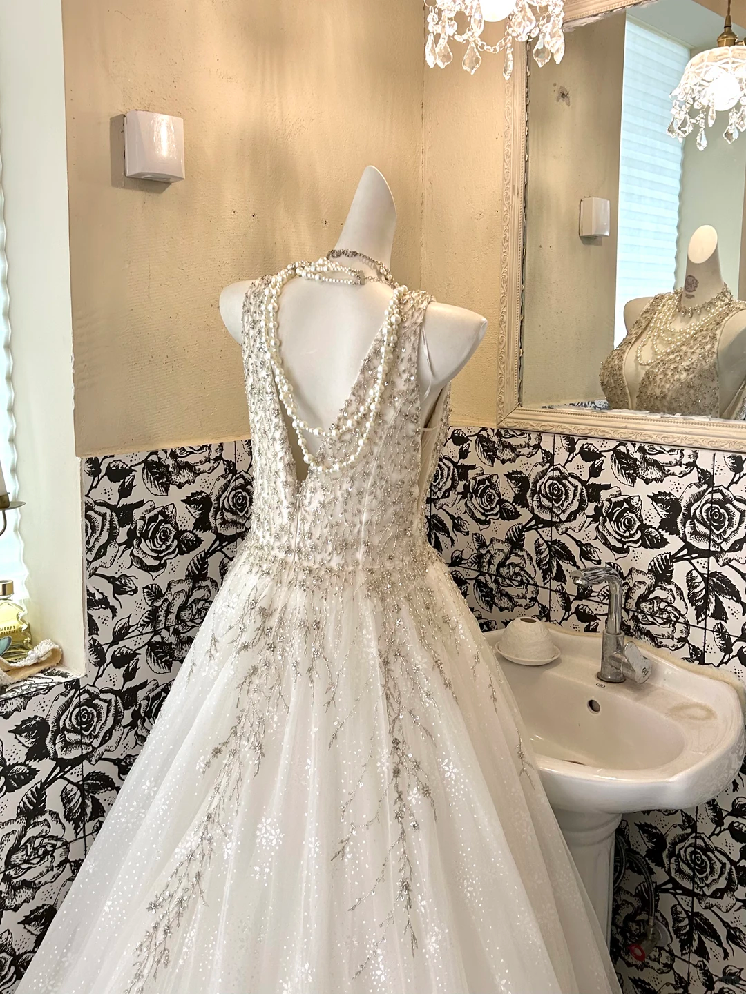 Ivory V-Neck Sexy Silver Beaded Waist-Cinched Luxury Voluminous Skirt Romantic Dress, Wedding Gown gh7618