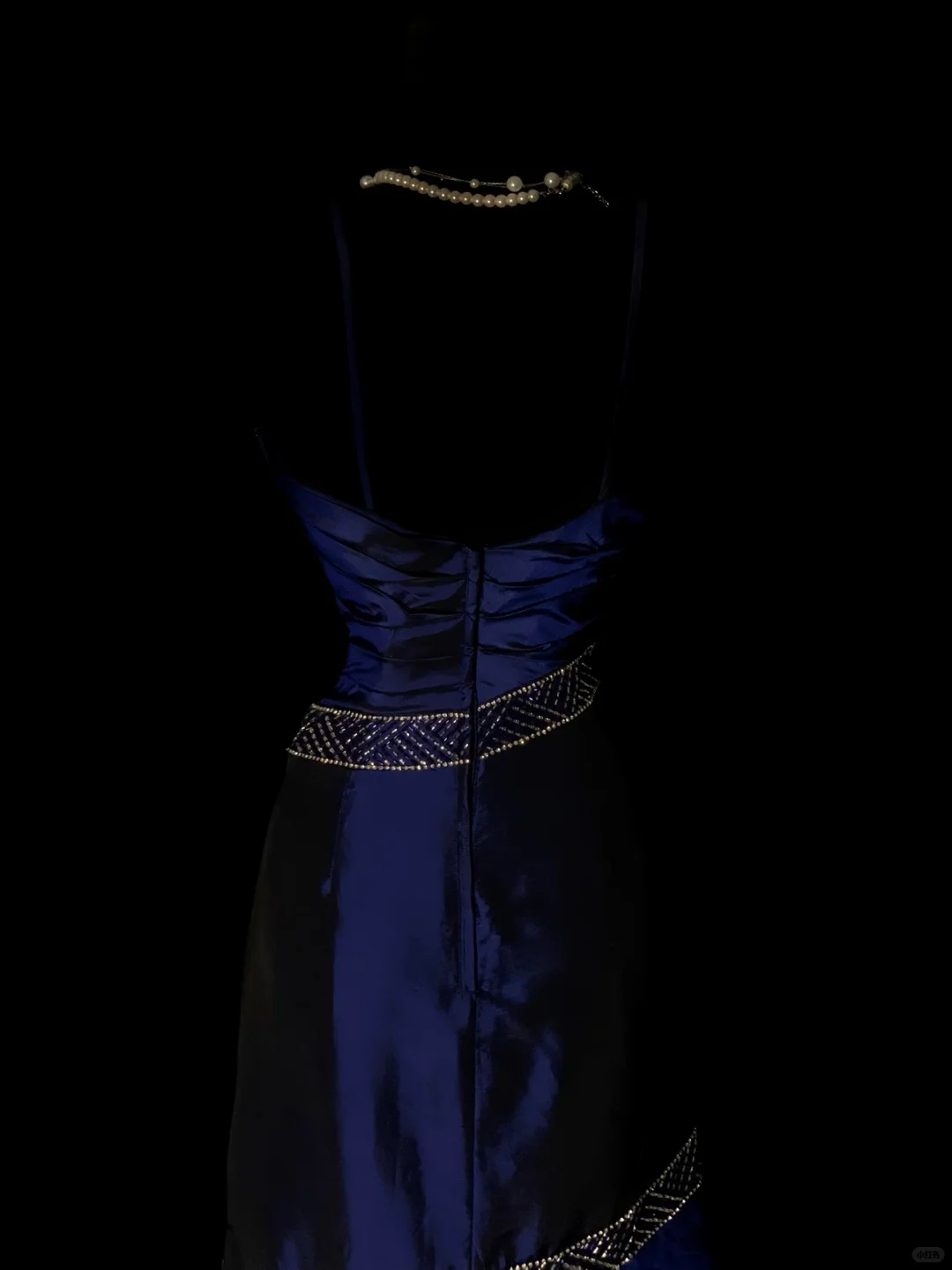 Navy Blue Vintage Satin Mermaid Evening Gown, Spaghetti Strap Sweetheart Neck, Beaded Rhinestone Bodice, Gold Beaded Trim On Waist & Skirt, Floor‑Length Mermaid Prom Dress gh8892