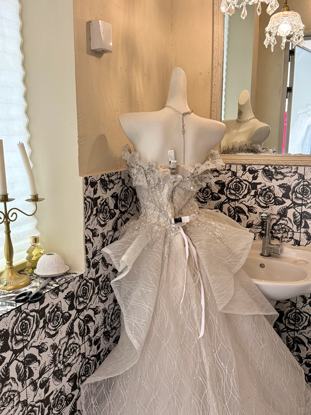 Ivory Strapless Waist-Cinched Gown with Silver Embellishments, Full Flared Long Vintage Romantic Dress, Wedding Gown gh7563