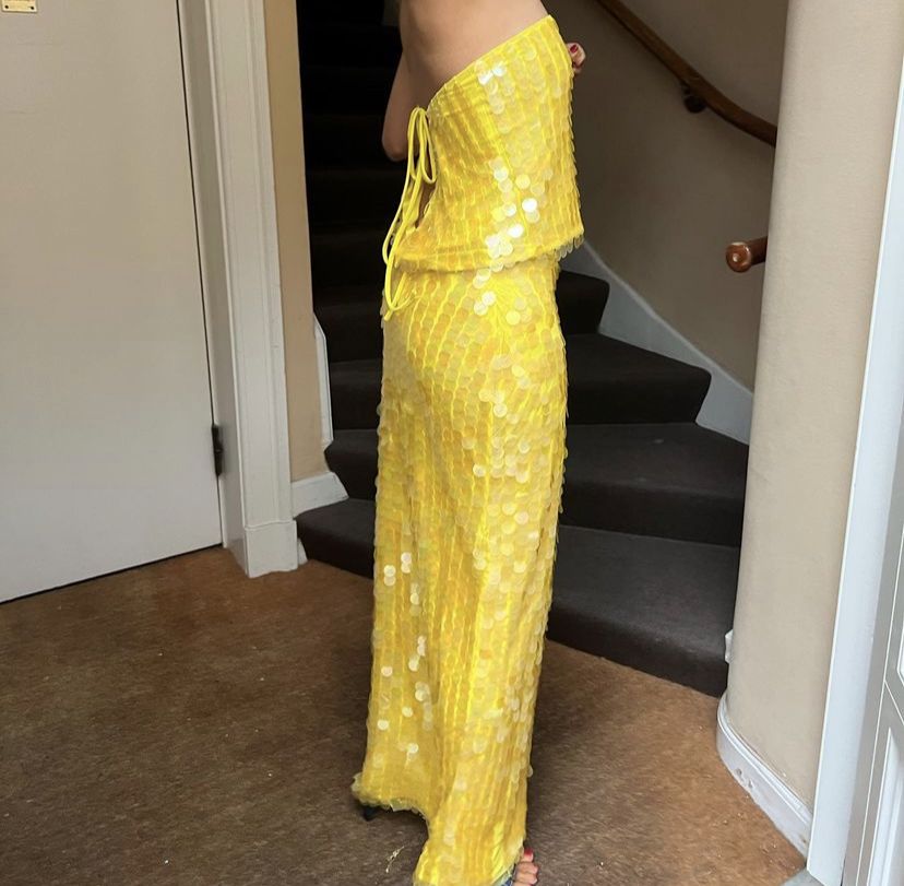 Costume deux pièces jaune brillant à paillettes, robe longue de vacances en bord de mer, robe de soirée gh4860