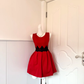 Women Bright Red Homecoming Dress, Sleeveless Round Neck Contrast Black Lace Waist Band High Waist Pleated Flared A‑Line Mini Party Dress gh9182