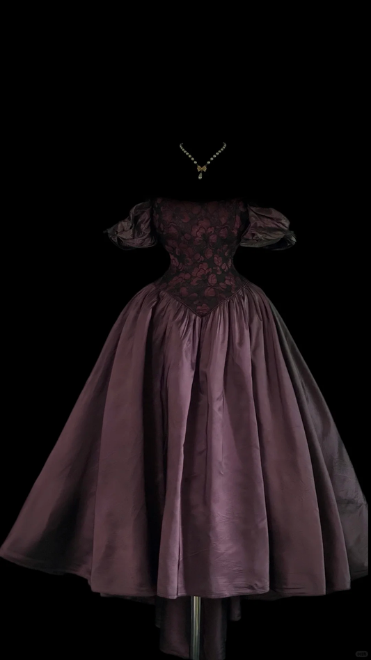 Dark Purple Vintage Ball Gown, Off‑The‑Shoulder Puff Short Sleeves, Floral Jacquard Lace Corset Bodice, Pointed Sweetheart Waist, Taffeta Voluminous Ball Skirt, Mini Train, Gothic Manor Prom Evening Dress gh8864