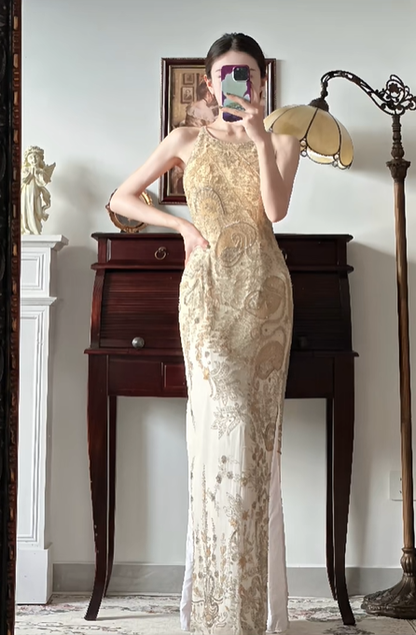 Champagne‑Gold Vintage Halter Sleeveless Prom Gown, All‑Over Heavy‑Duty Gold Floral Beaded Embroidery, Fitted Bodycon Column Maxi Dress, High Side Slit, Tulle Base Fabric, Evening Gala Dress gh8824