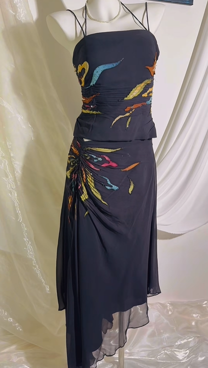 Vintage Black Halter Spaghetti Strap Prom & Evening Party Outfit, Printed Top Matching Fitted Bodycon Skirt Two-Piece Set gh8545