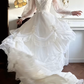 Ivory Vintage High‑Neck Puff‑Sleeve Lace‑Appliqué Tiered‑Tulle Long Train Ballgown Wedding Dress gh8785