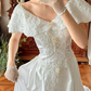 White Satin Vintage Off‑the‑Shoulder V‑Neck Lace Fitted Waist Full Flared Train Prom Gown, Wedding Dress gh8609