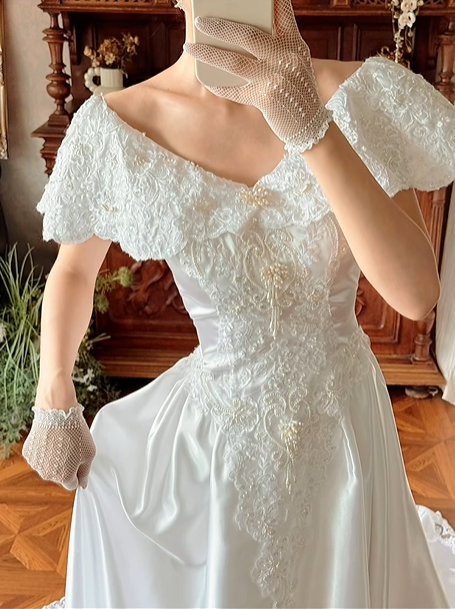 White Satin Vintage Off‑the‑Shoulder V‑Neck Lace Fitted Waist Full Flared Train Prom Gown, Wedding Dress gh8609