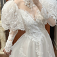 Ivory Vintage Lace Ball Gown Wedding Prom Dress, Mock Two‑Piece Lace High Neck V‑Neck, Lace Puff Cape Sleeves, Multi‑Tier Lace Long Train gh8699