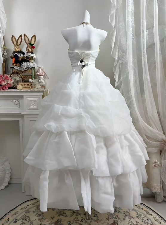 White Halter Long Wedding Dress, Ruched Bodice With Gold Floral Beads, Big Bow Tiered Organza Cake Skirt Bridal Ball Gown gh9269