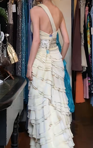 Ivory Vintage Prom Dress One Shoulder Ruched Bodice Beaded Waistband Tiered Ruffle Chiffon Long Evening Gown gh9620