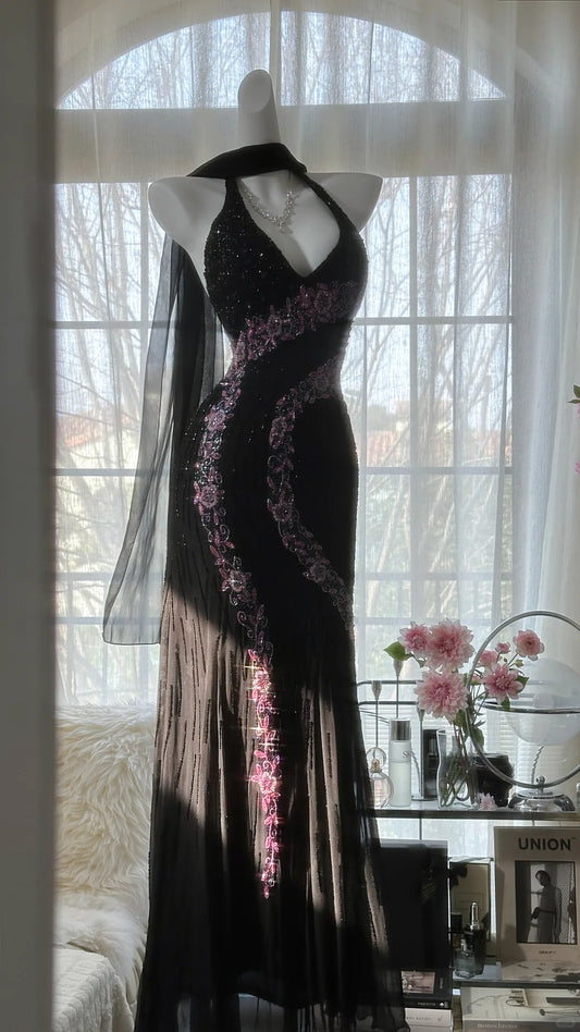 Black Shiny Vintage Elegant Romantic Delicate Pink Floral Beading Long Chiffon Homecoming Ball Gown Evening Dress Birthday/Wedding Guest/Holiday Party Dress Prom Dress gh4025
