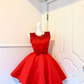 Red Sleeveless Short Cocktail Dress, Round Neck 3D Floral Applique Large Matching Bow Sash Voluminous A‑Line Homecoming Party Gown gh9251