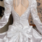 White Vintage Satin Wedding Gown, Sweetheart Square Neck, Puff Long Sleeves With Lace Cuffs, Heavy Lace Beaded Appliqué Pointed Waist, A‑Line Long Train With Lace Hem, Prom Dress gh8646