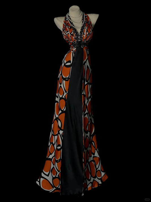 Vintage Halter Neck Maxi Evening Gown, V‑Neck Sleeveless, Hand Beaded Rhinestone Embellishment, Geometric Color‑Block Print, Front Black Panel, High Slit Floor‑Length Skirt, Retro Mod Prom Party Dress gh8878