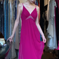 Spaghetti Straps Fuchsia Chiffon Evening Gown Deep V Rhinestone Ruched Asymmetric Ruffle Long Prom Dress gh9708