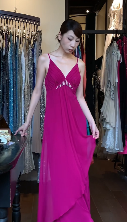 Spaghetti Straps Fuchsia Chiffon Evening Gown Deep V Rhinestone Ruched Asymmetric Ruffle Long Prom Dress gh9708