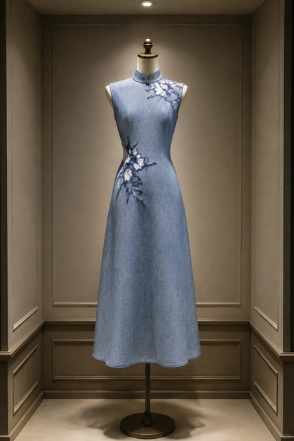 ✨Girlhomeshops-Light Denim Blue Blue White Floral A-Line Midi Cheongsam Qipao gh10442