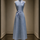 ✨Girlhomeshops-Light Denim Blue Blue White Floral A-Line Midi Cheongsam Qipao gh10442