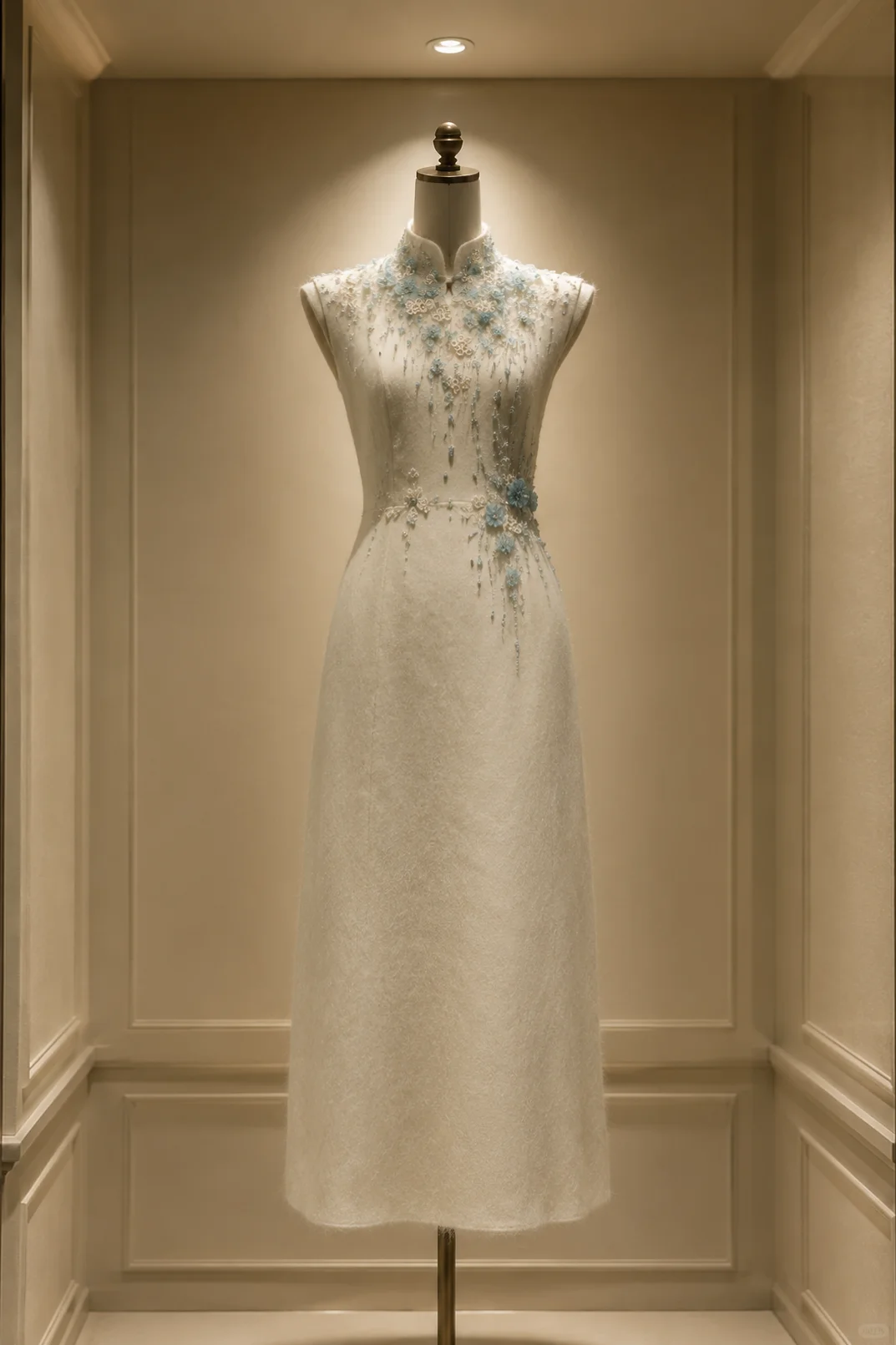 ✨Girlhomeshops-Cream Light Blue 3D Floral Beaded Tassel Midi Qipao Cheongsam gh10394