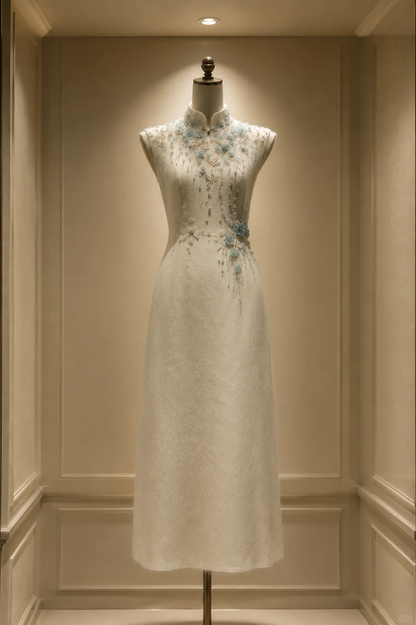 ✨Girlhomeshops-Cream Light Blue 3D Floral Beaded Tassel Midi Qipao Cheongsam gh10394