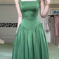 Vintage Dark Green Square Neck Wide‑Strap Long Evening Gown, Vertical Textured Satin A‑Line Prom Dress gh9022