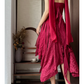 Burgundy‑Strapless‑Asymmetrical‑Gown Detachable‑Halter‑Sash Crinkle‑Textured‑Fabric Multi‑Layer‑Tattered‑Ruffle‑High‑Slit‑Skirt Retro‑Boho‑Photoshoot‑Evening‑Dress gh8853