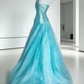 Blue One-Shoulder Beaded Gown Layered Tulle Prom Dress gh7004