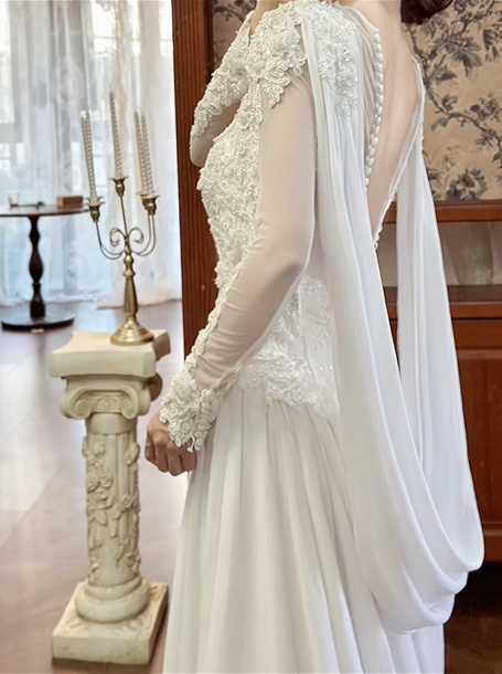 Ivory Vintage Wedding Gown, Illusion High Neck With V‑Cut Out, Beaded Lace Appliqué Sheer Long Sleeves, Fitted Waist Flowy Chiffon Skirt, Long Train, Bridal Prom Dress gh8724
