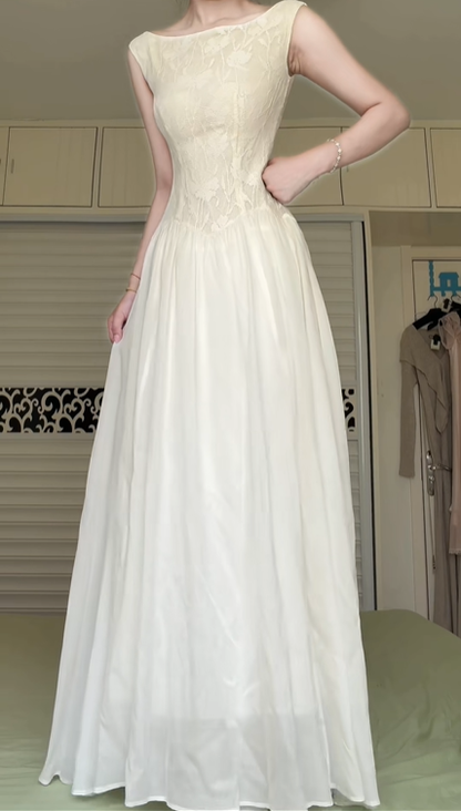 Off‑White Boat Neck Sleeveless Long Evening Gown, Floral Lace Bodice, Chiffon A‑Line Floor‑Length Skirt, Simple Vintage Bridal Dress gh8938