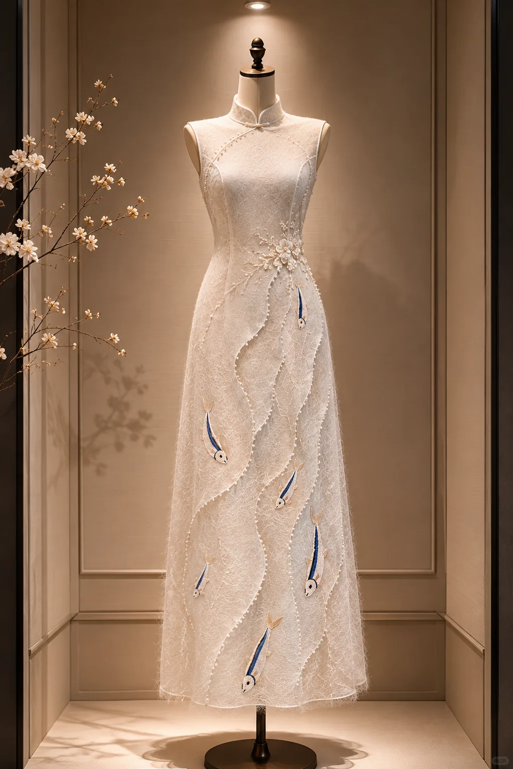 ✨Girlhomeshops-Cream White Koi Fish Embroidery Pearl Trim Sleeveless Long Qipao Cheongsam gh10408