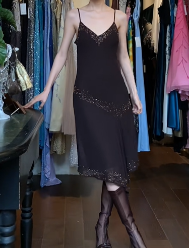 Dark Brown Vintage Gatsby Cocktail Dress Spaghetti Straps V Neck Hand Beaded Chiffon A Line Midi Evening Gown gh9617
