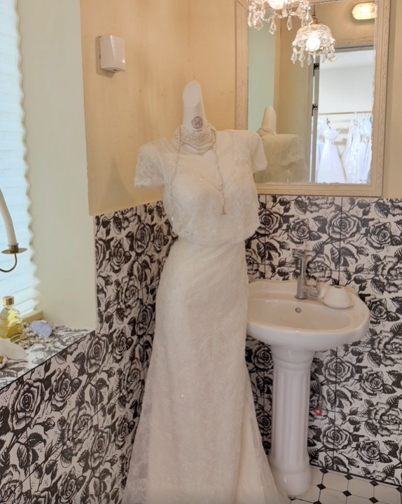 White Lace Overlay Satin Spaghetti Straps Cinched Waist Sexy Long Romantic Dress, Wedding Gown gh7827