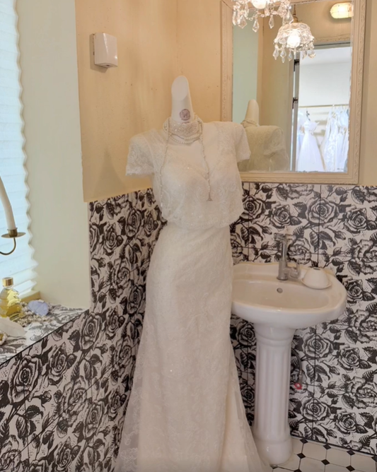 White Lace Overlay Satin Spaghetti Straps Cinched Waist Sexy Long Romantic Dress, Wedding Gown gh7827