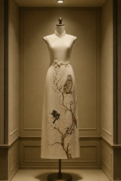 ✨Girlhomeshops-New Chinese Style Ivory Qipao Dress, Sleeveless Slim Fit, Nature Bird Owl Embroidery, Elegant Long Formal Gown gh10469